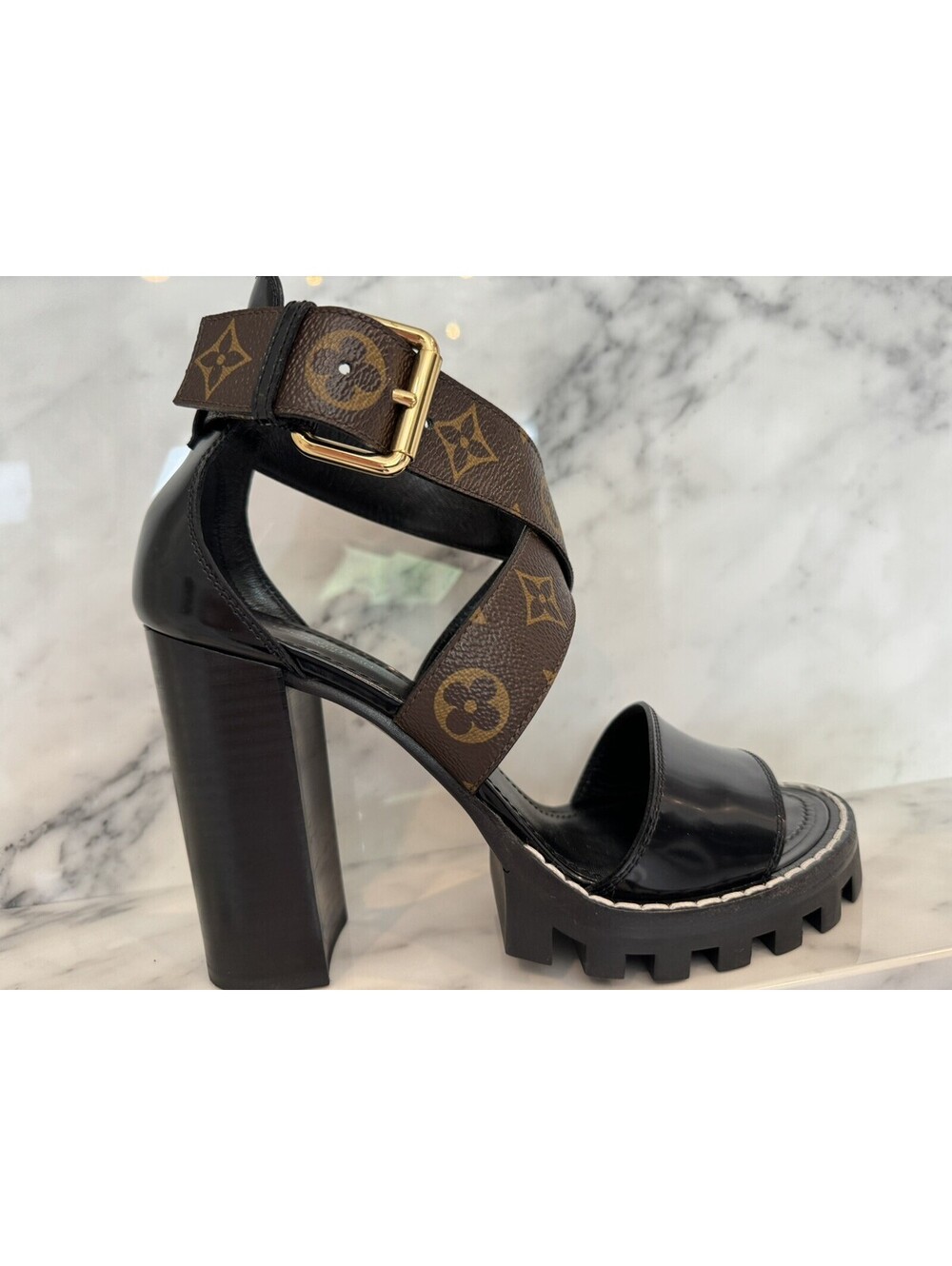 Louis Vuitton Monogram Leather Platform Lug Sole Heeled Sandals Black Brown 38.5